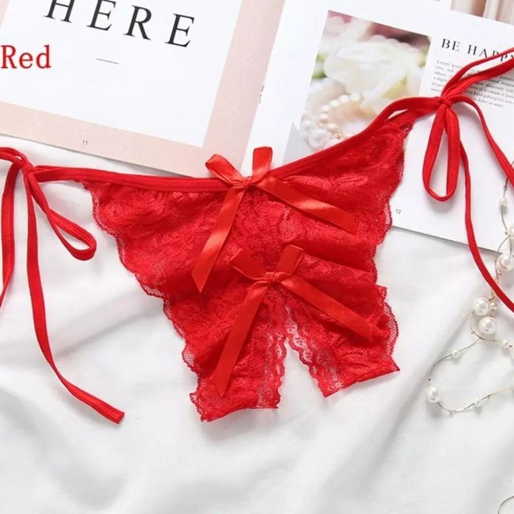 Sexy Open Crotch Crotchless Lace Bow Adjustable Panties One Sz